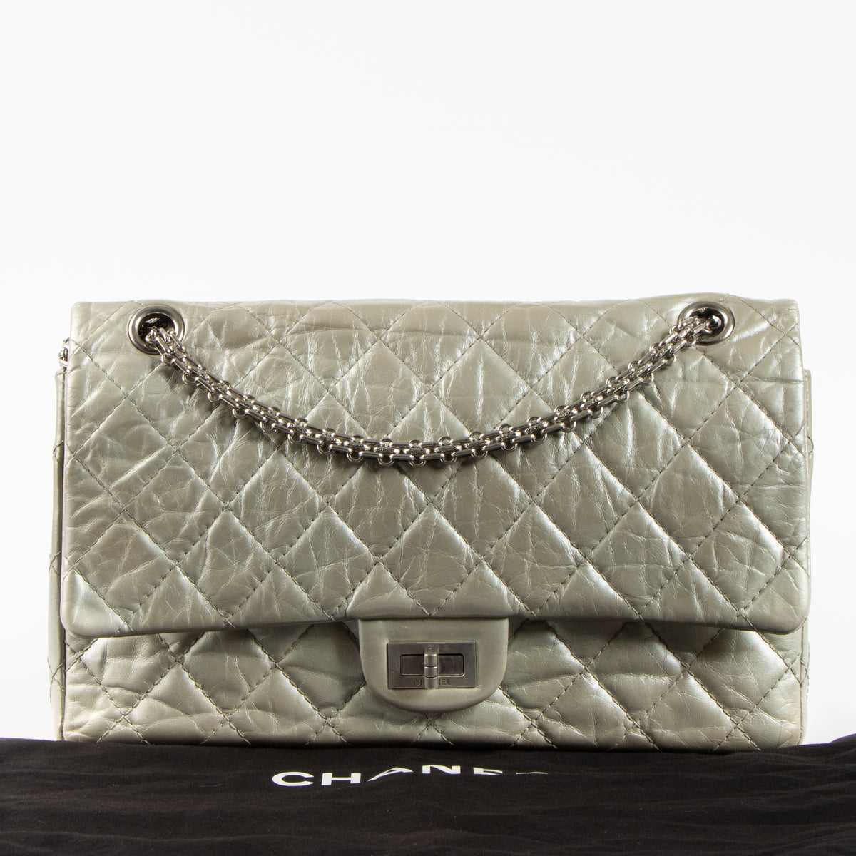 Shop this authentic Chanel Silver Aged Calfskin Large 2.55 Reissue Bag pre-loved on Labellov.com