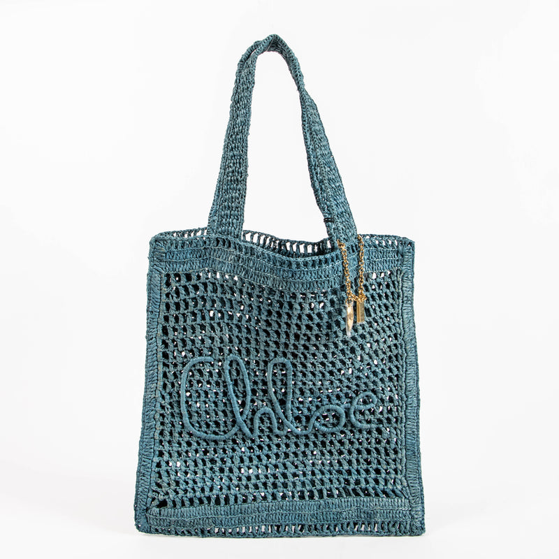 Chloé Stormy Sea Blue Raffia Summer Banana Tote Bag