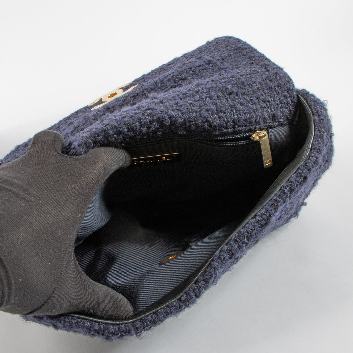 Chanel Blue Tweed Small Chanel 19 Bag