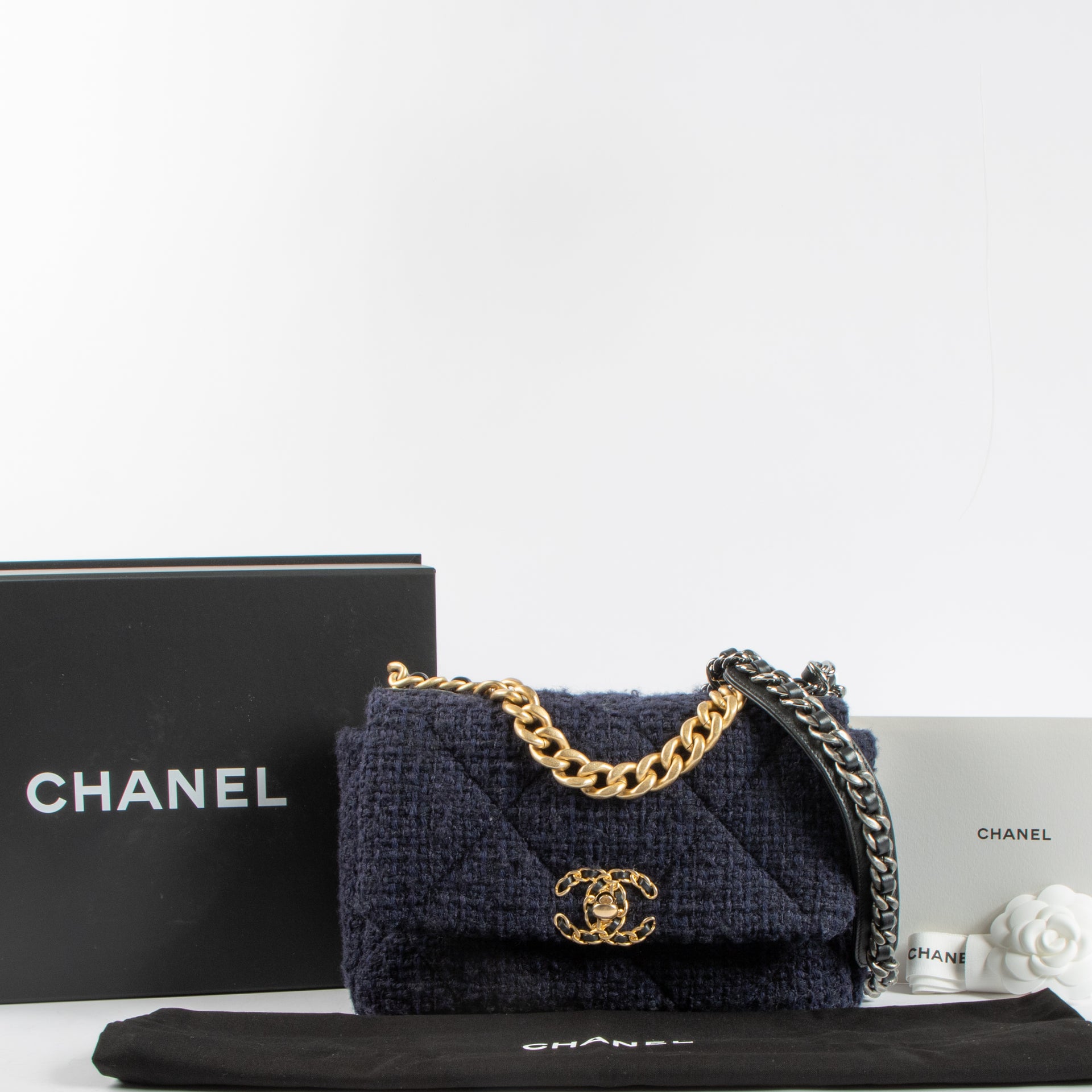 Chanel Blue Tweed Small Chanel 19 Bag