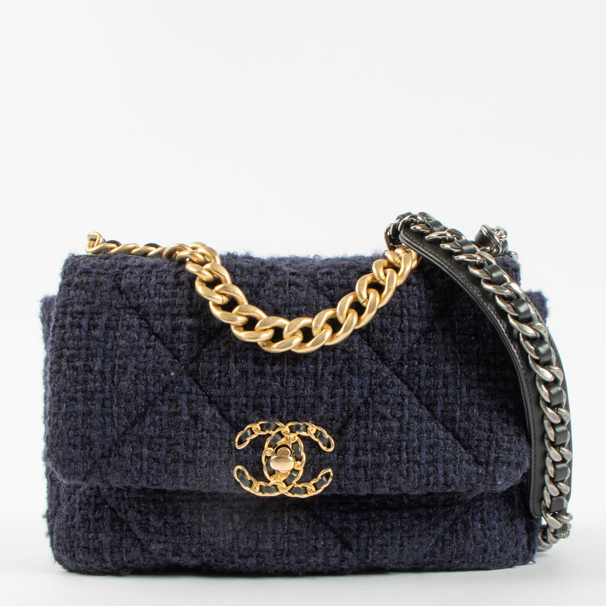 Chanel Blue Tweed Small Chanel 19 Bag