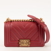 Shop this authentic luxury Chanel Framboise Calfskin Chevron Chanel Boy Small Bag Pre-Loved on Labellov.com
