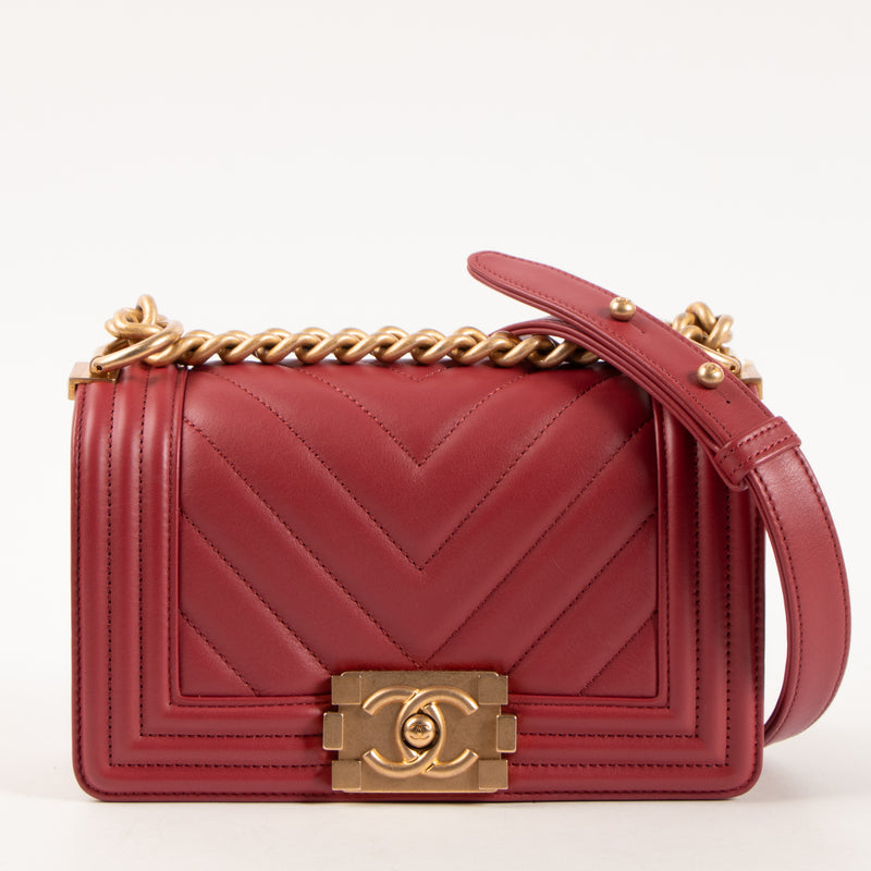 Shop this authentic luxury Chanel Framboise Calfskin Chevron Chanel Boy Small Bag Pre-Loved on Labellov.com