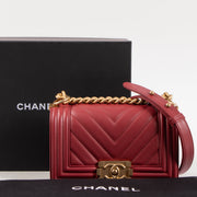 Shop this authentic luxury Chanel Framboise Calfskin Chevron Chanel Boy Small Bag Pre-Loved on Labellov.com