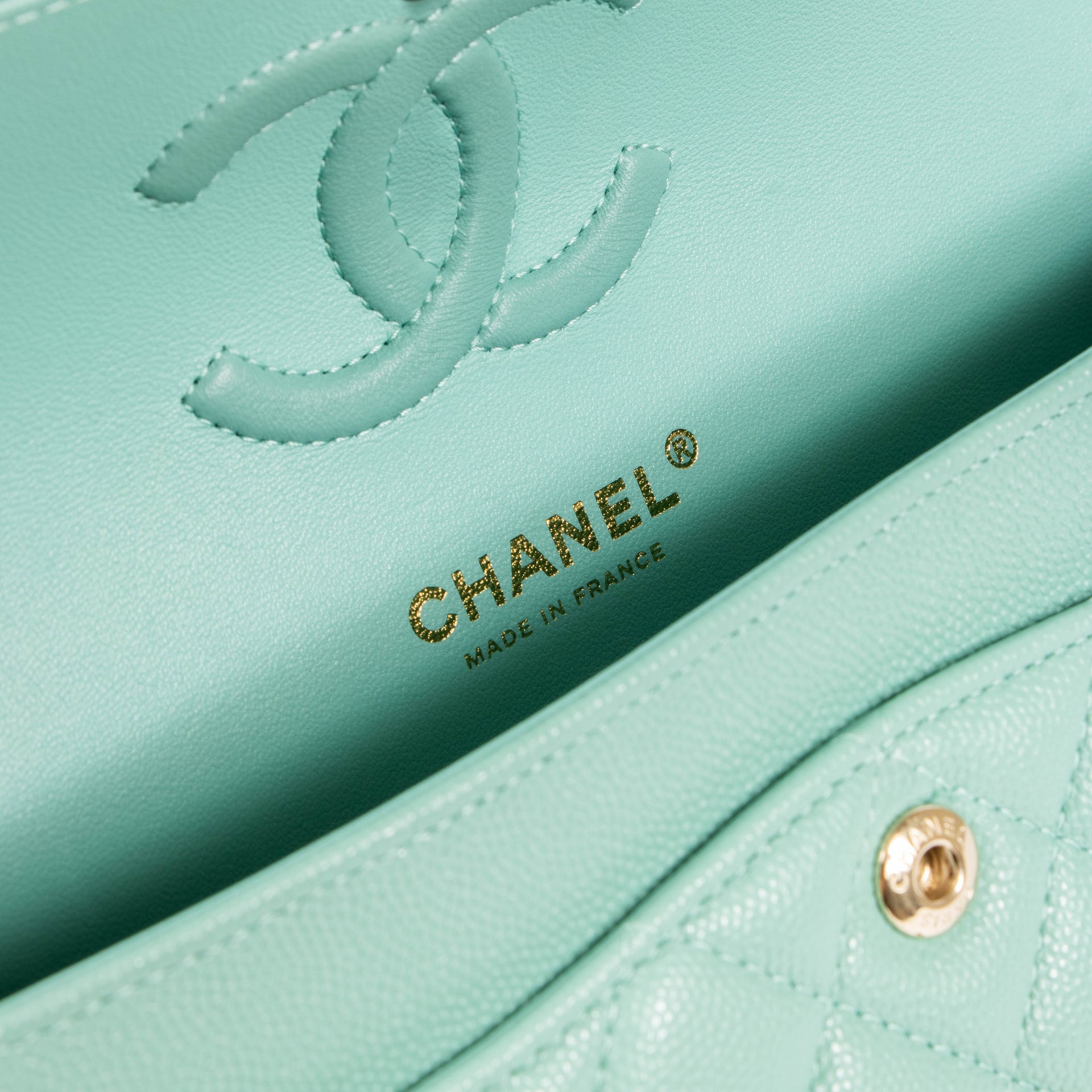 Chanel 21S Tiffany Green Caviar Small Classic Handbag