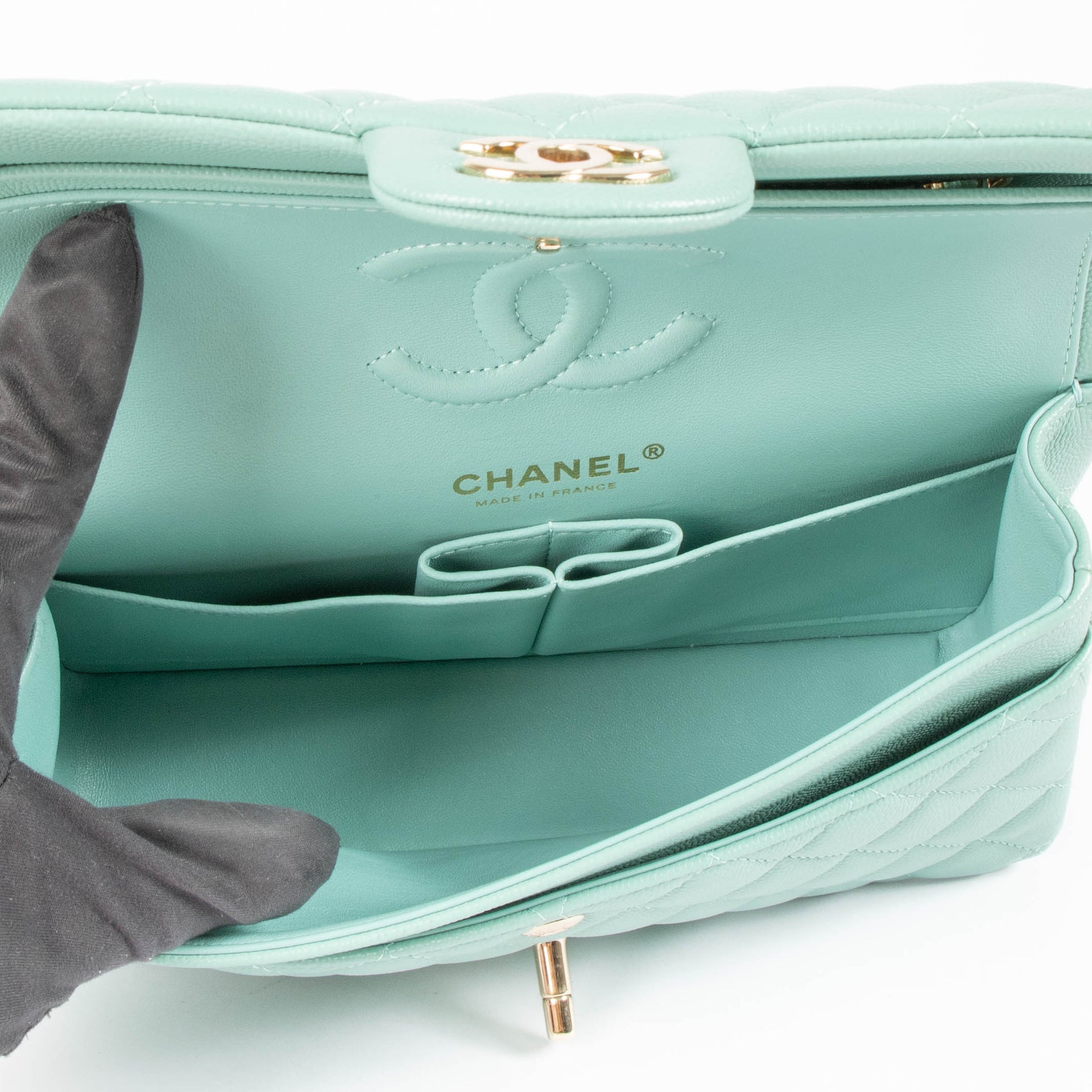 Chanel 21S Tiffany Green Caviar Small Classic Handbag