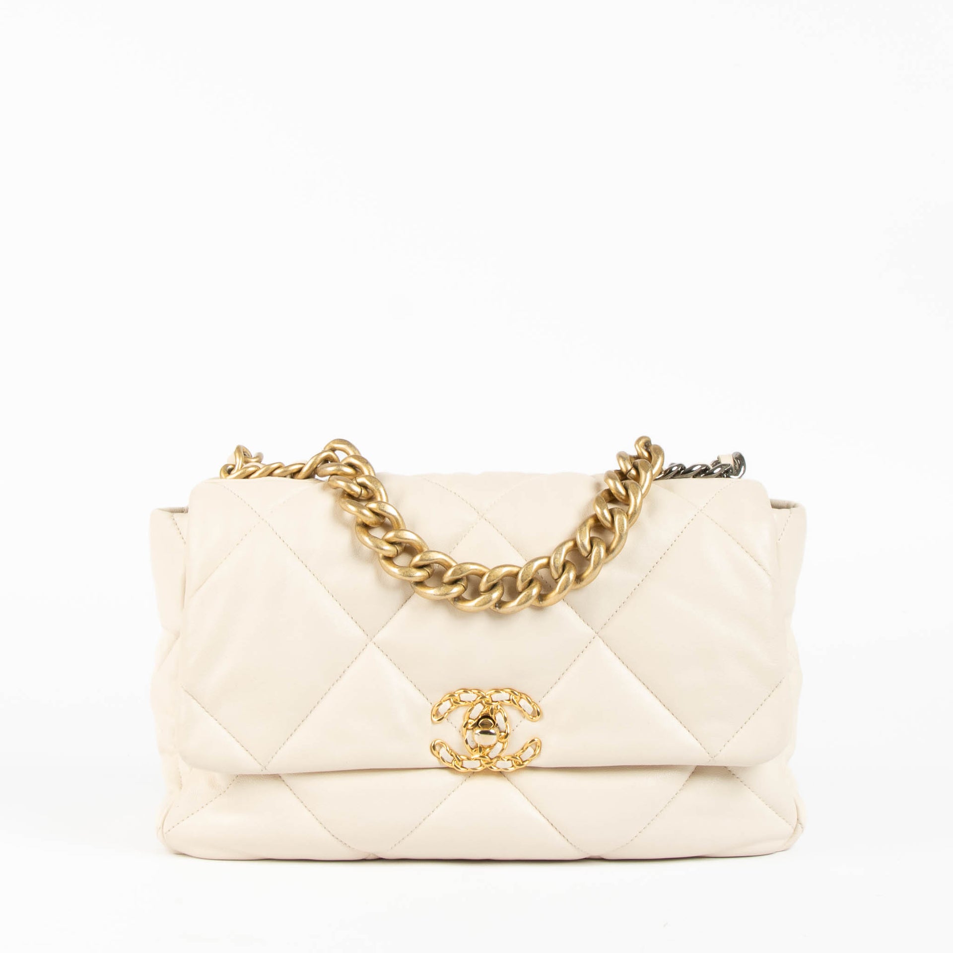 Shop this 100% authentic Chanel Beige Lambskin Large Chanel 19 Bag at Labellov.com
