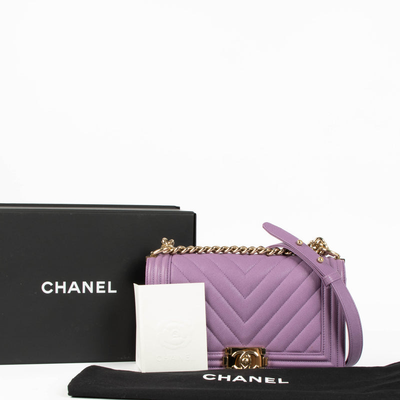 Shop this 100% authentic Chanel Boy Medium Purple Caviar Bag at Labellov.com