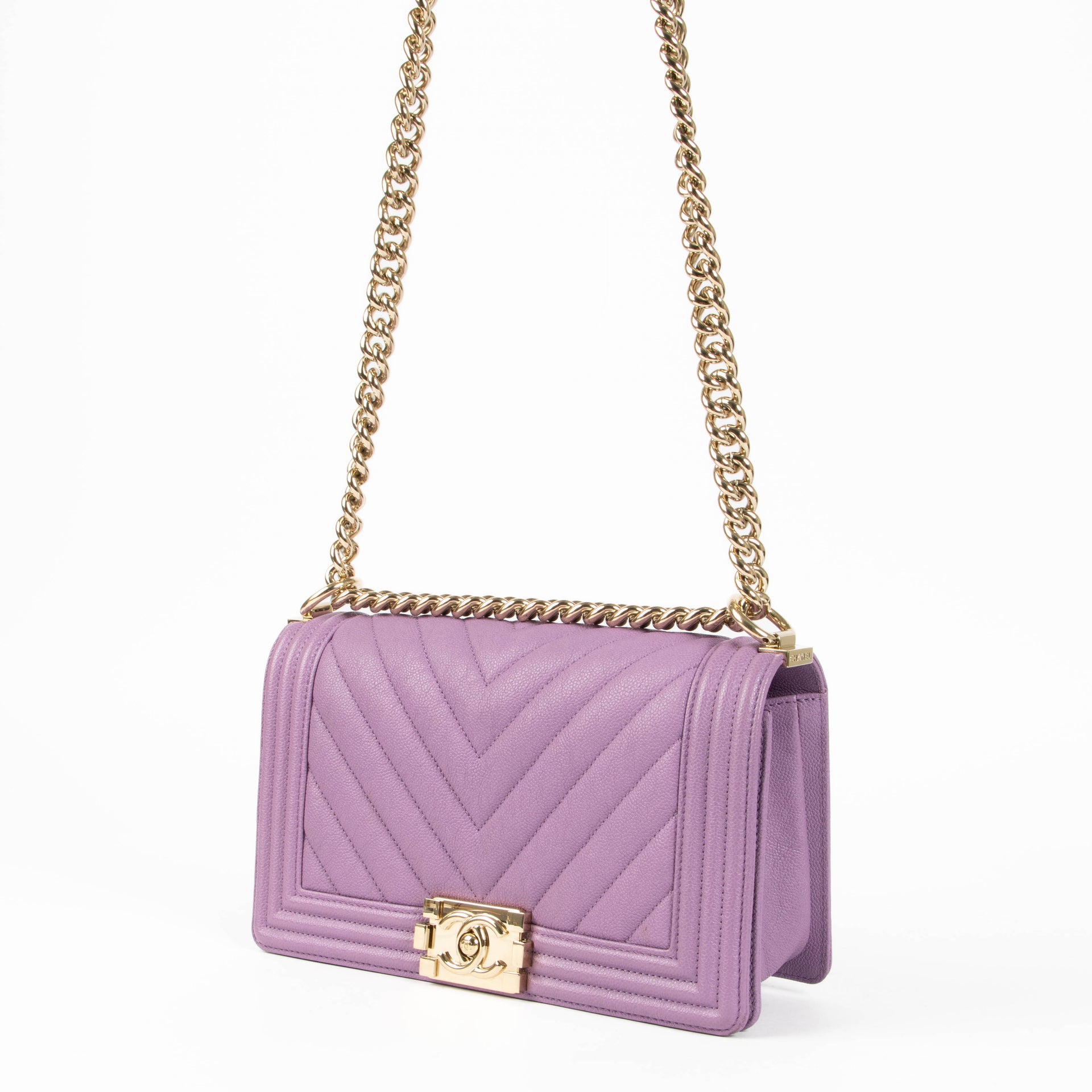 Shop this 100% authentic Chanel Boy Medium Purple Caviar Bag at Labellov.com