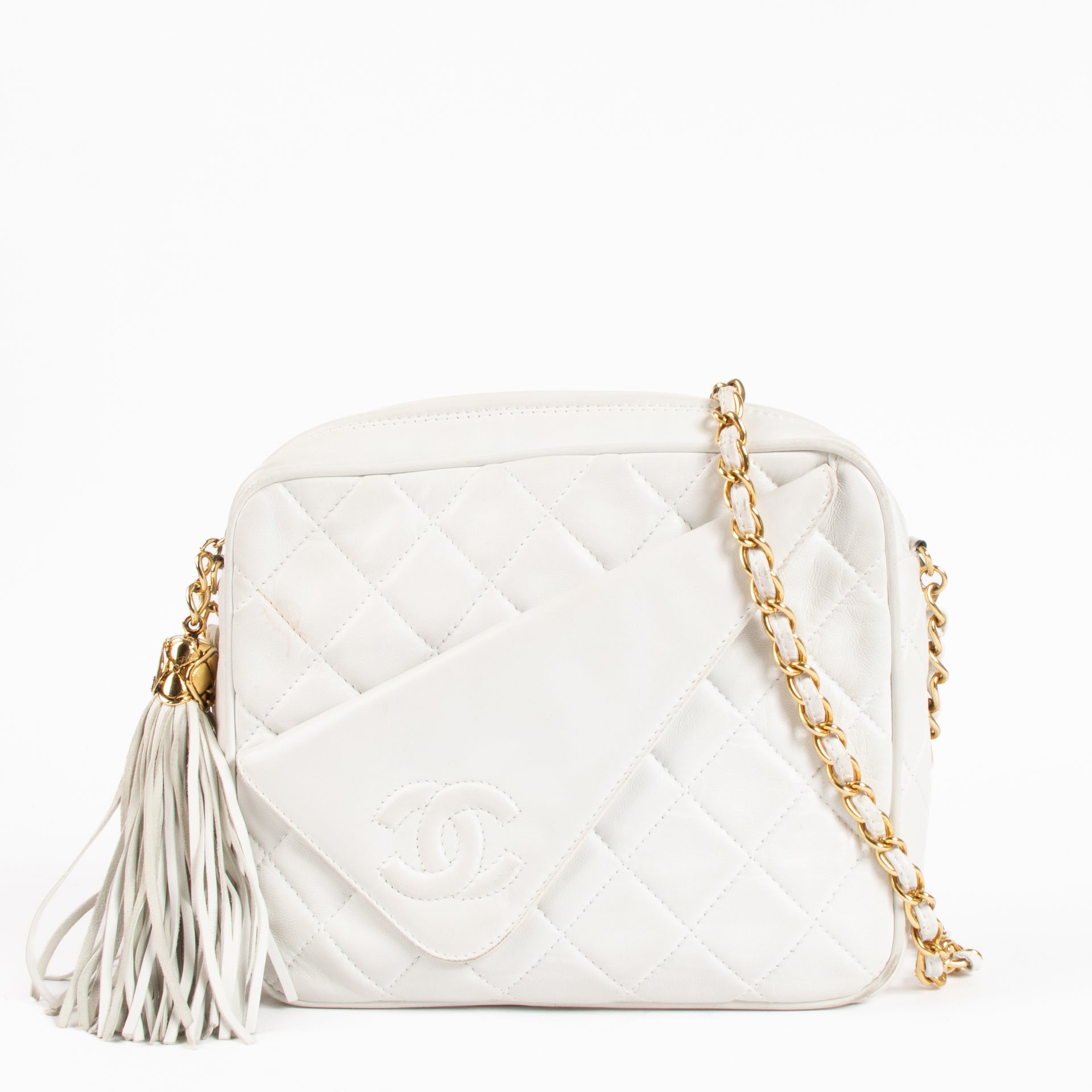 Chanel Vintage White Lambskin Tassel Camera Bag