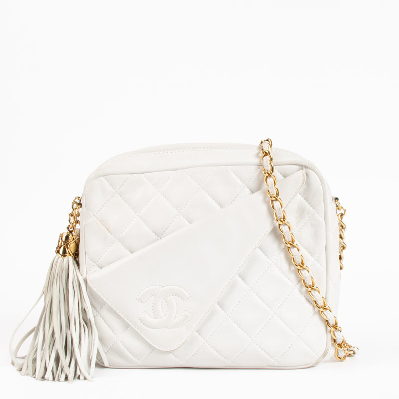 Chanel Vintage White Lambskin Tassel Camera Bag