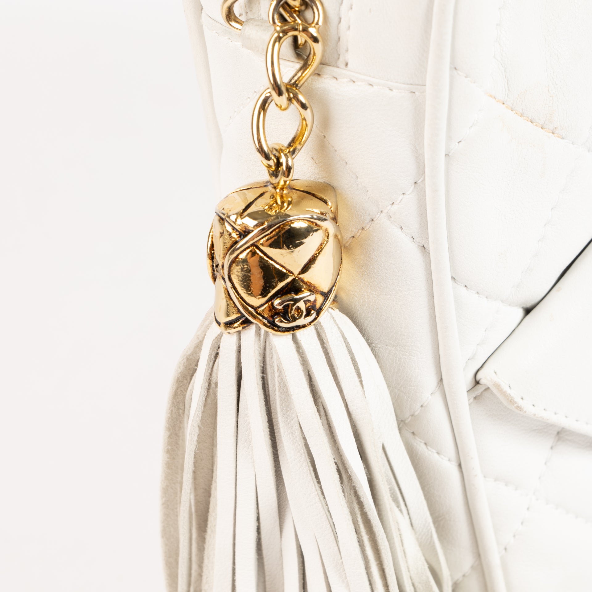 Chanel Vintage White Lambskin Tassel Camera Bag