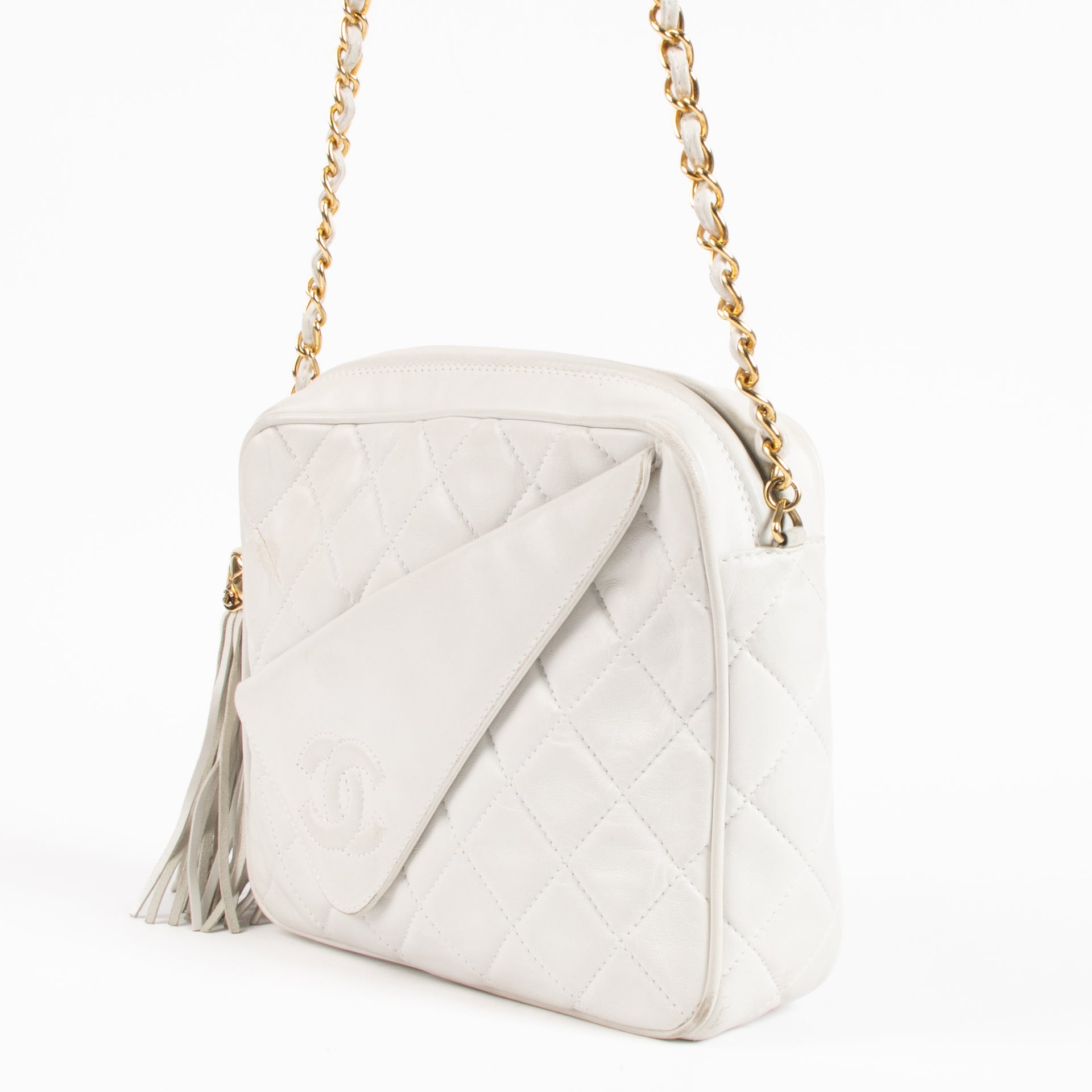 Chanel Vintage White Lambskin Tassel Camera Bag