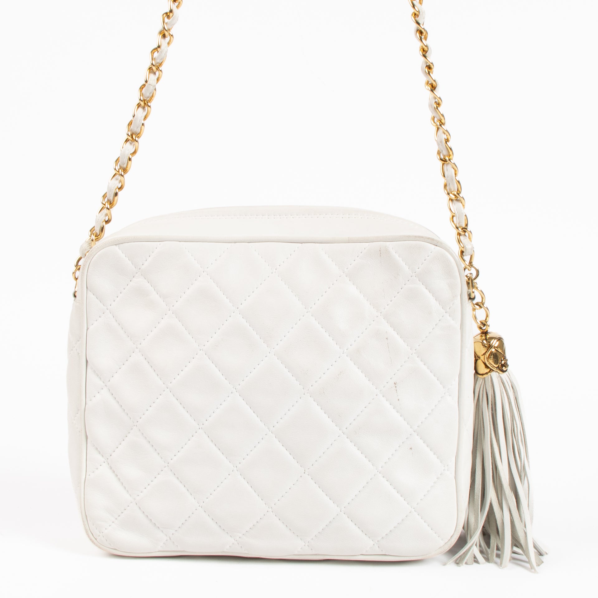 Chanel Vintage White Lambskin Tassel Camera Bag