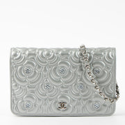 Shop this authentic Chanel Silver Diamante Crystal Camellia Quilted Wallet On Chain pre-loved on Labellov.com
