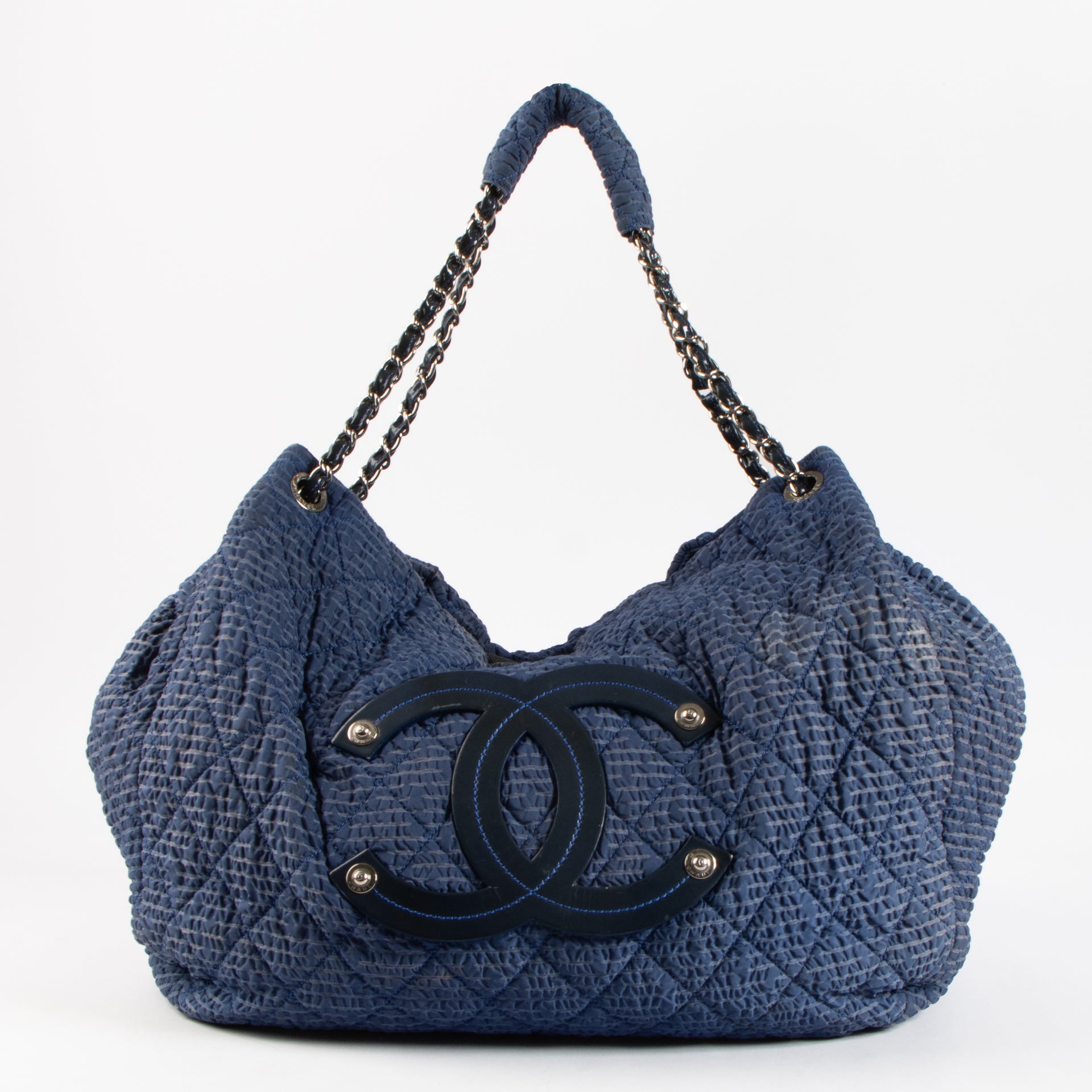 Shop the authentic Chanel Blue Quilted Cloquée Nylon Bubble Large Hobo Bag on Labellov.com !