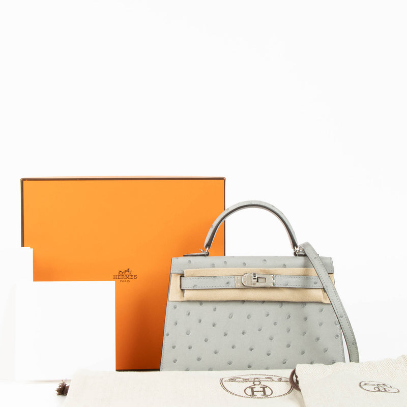 Hermes HSS Kelly Mini II Gris Perle/Nata Ostrich PHW
