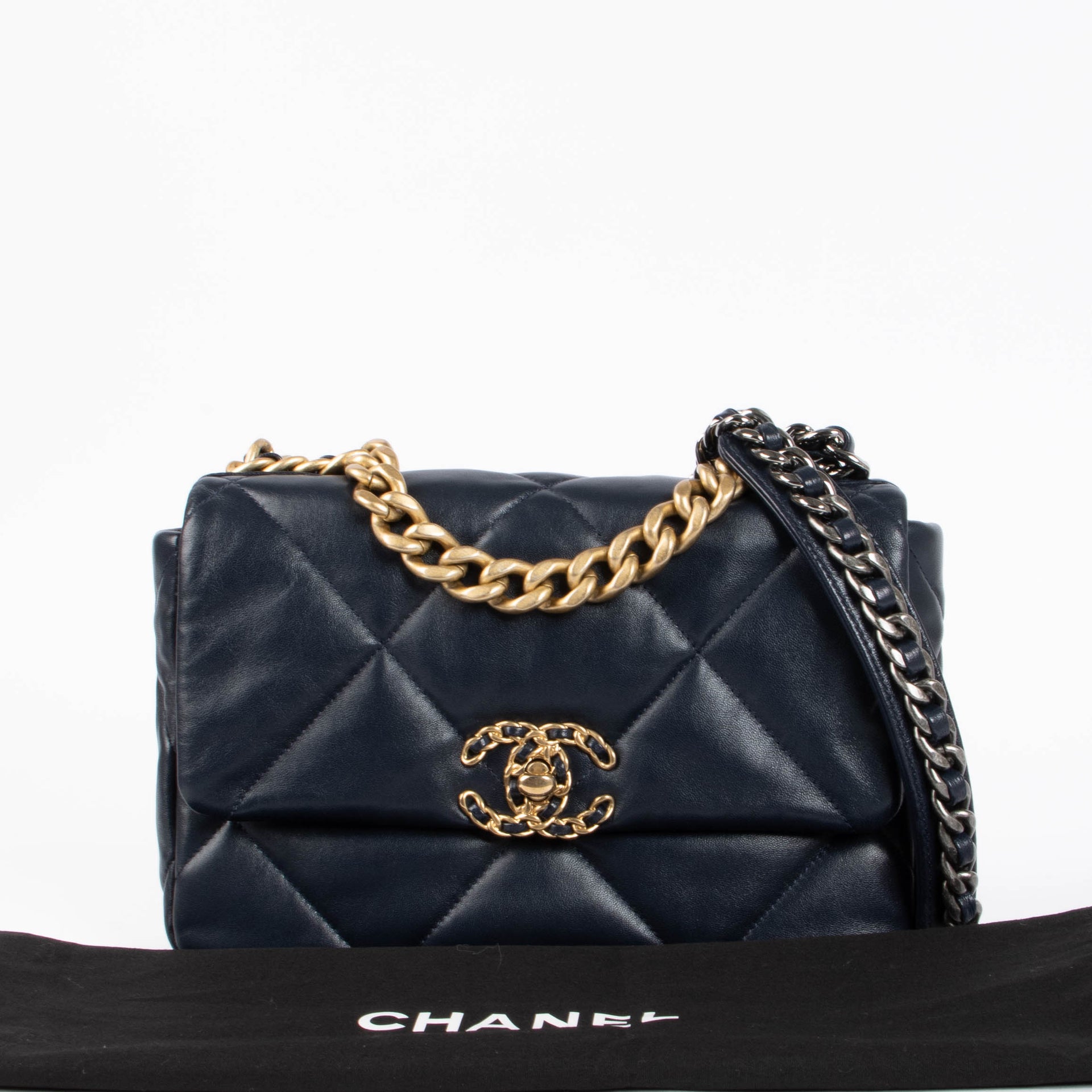 Shop this 100% authentic Chanel Navy Lambskin Small Chanel 19 Bag at Labellov.com