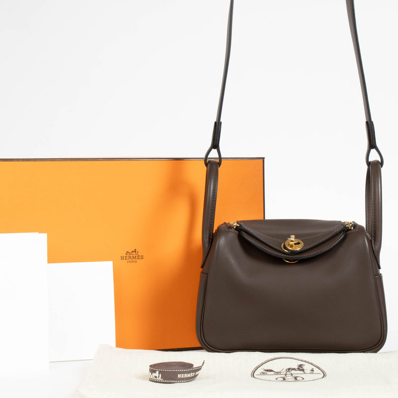 Hermès Lindy Mini II Moka Swift GHW
