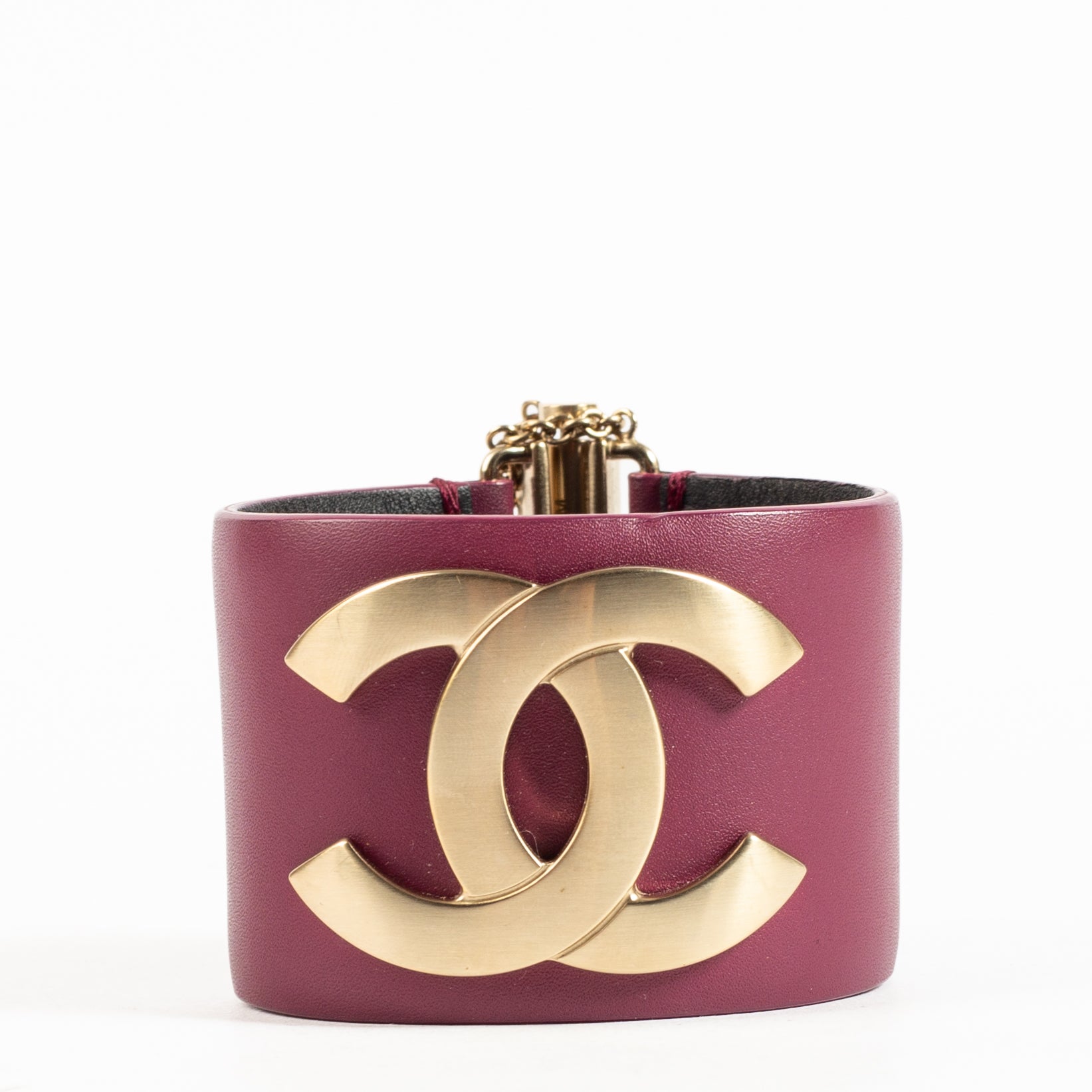 Shop the authentic Chanel 18C Burgundy Leather CC Cuff Bracelet on Labellov.com !
