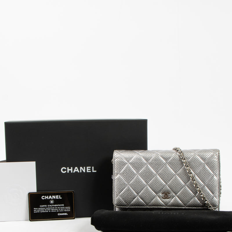 Shop the authentic Chanel Silver Perforated Classic Wallet On Chain Bag
