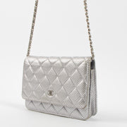 Shop the authentic Chanel Silver Perforated Classic Wallet On Chain Bag