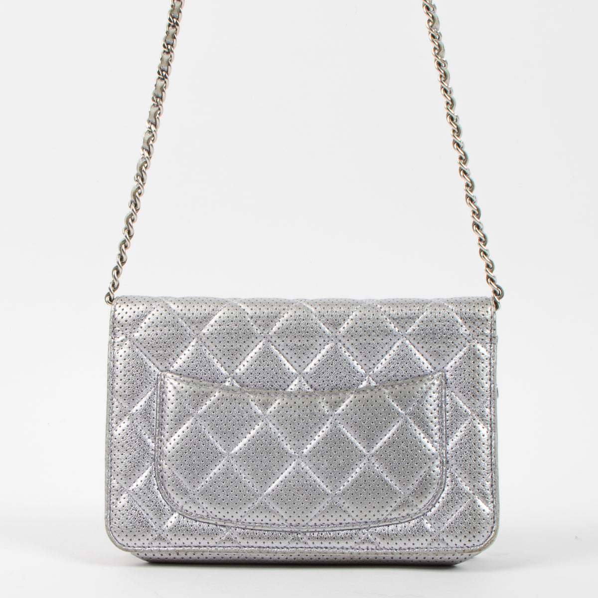 Shop the authentic Chanel Silver Perforated Classic Wallet On Chain Bag