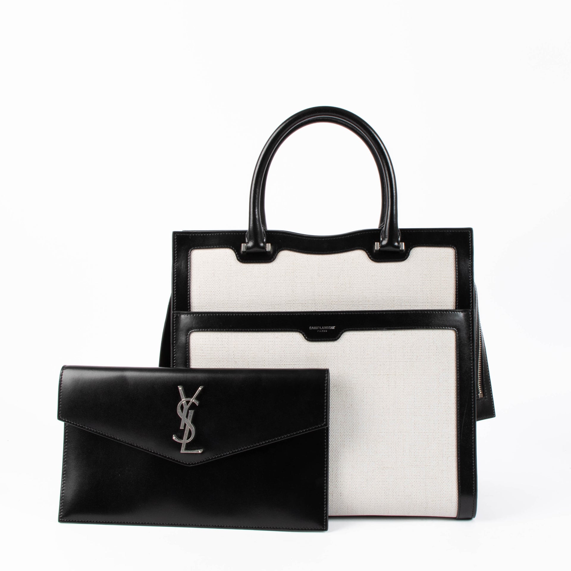 Sac cabas Saint Laurent Uptown grand modèle en toile et cuir noir et blanc