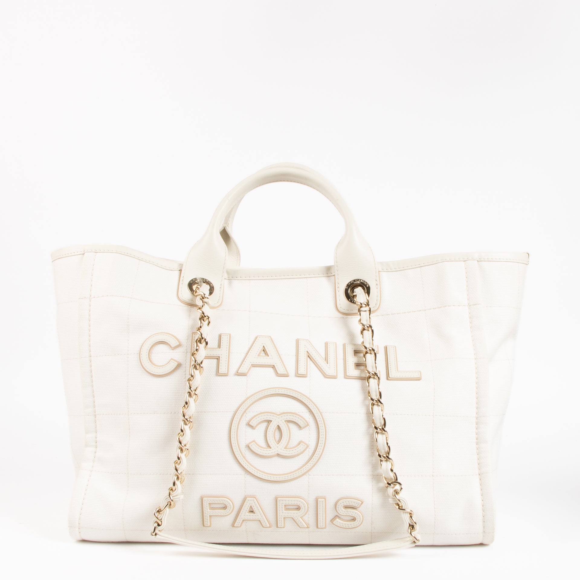 shop safe online at Labellov this authentic Chanel White Large Deauville Shopping Bag
