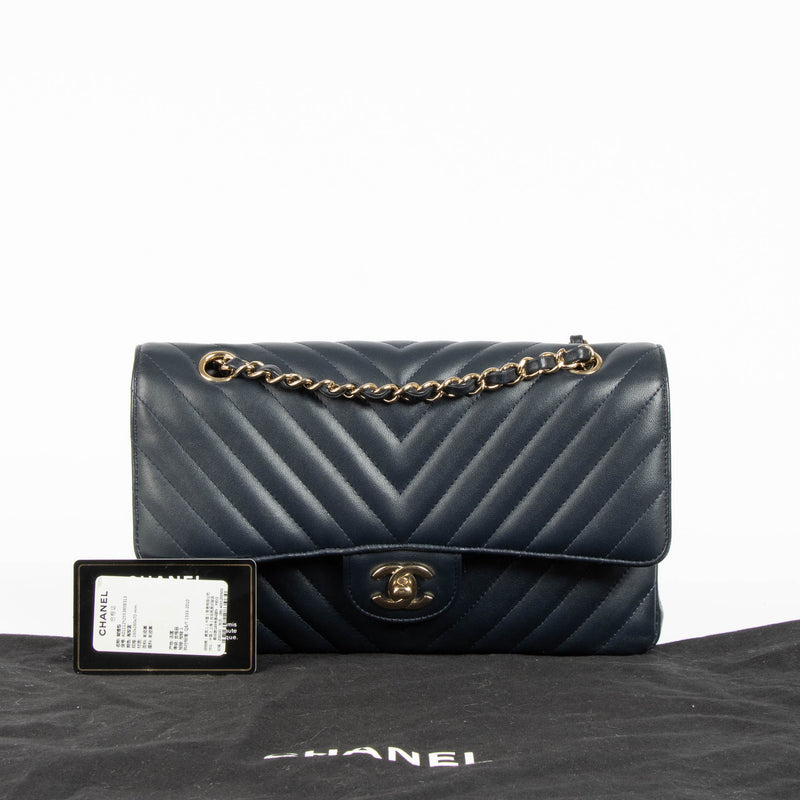 Chanel Navy Blue Chevron Medium Classic 11.12 Bag