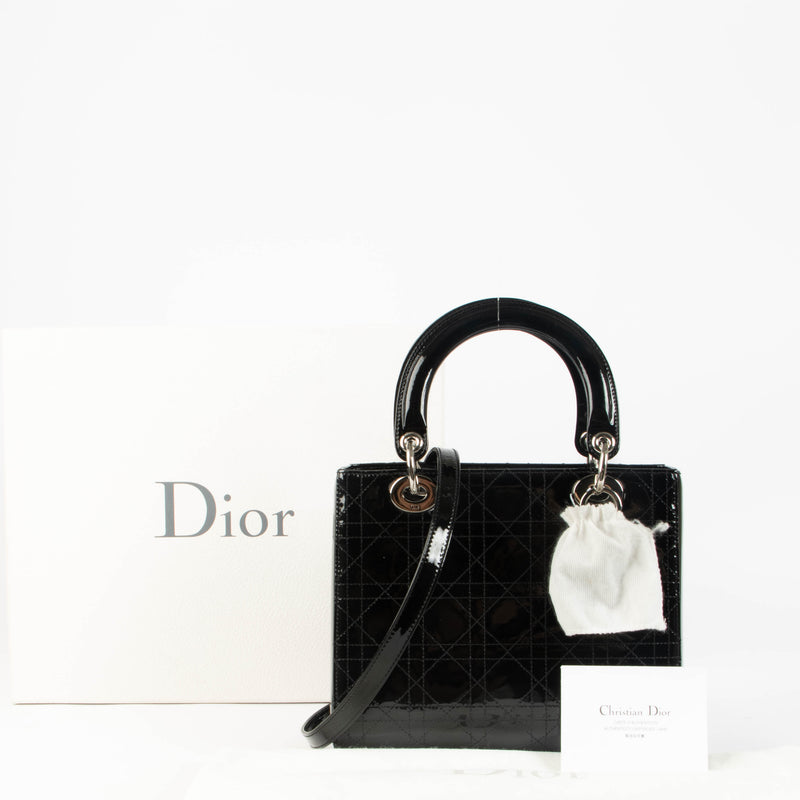 Christian Dior Black Patent Leather Flat Cannage Medium Lady Dior Bag