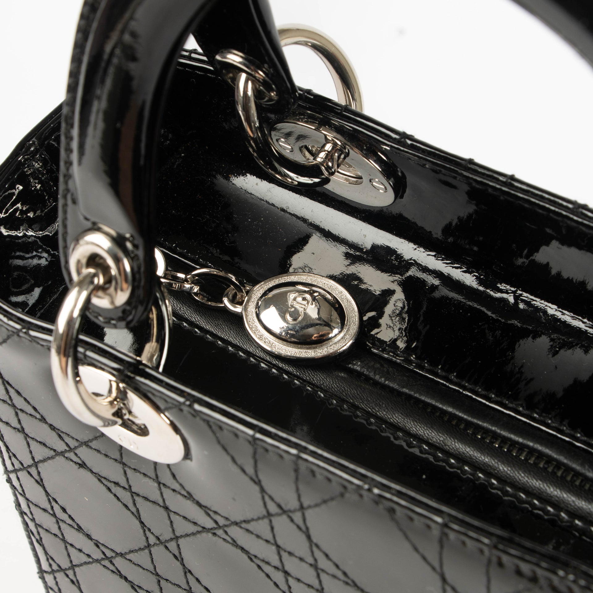 Christian Dior Black Patent Leather Flat Cannage Medium Lady Dior Bag