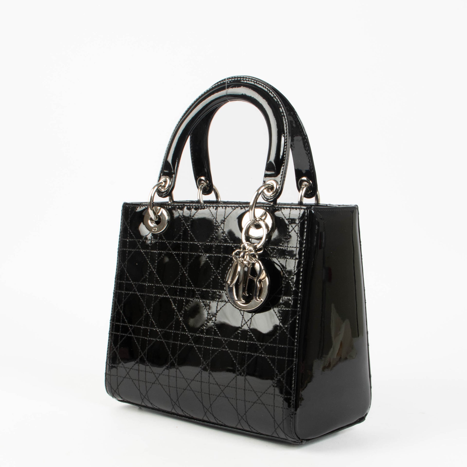 Christian Dior Black Patent Leather Flat Cannage Medium Lady Dior Bag