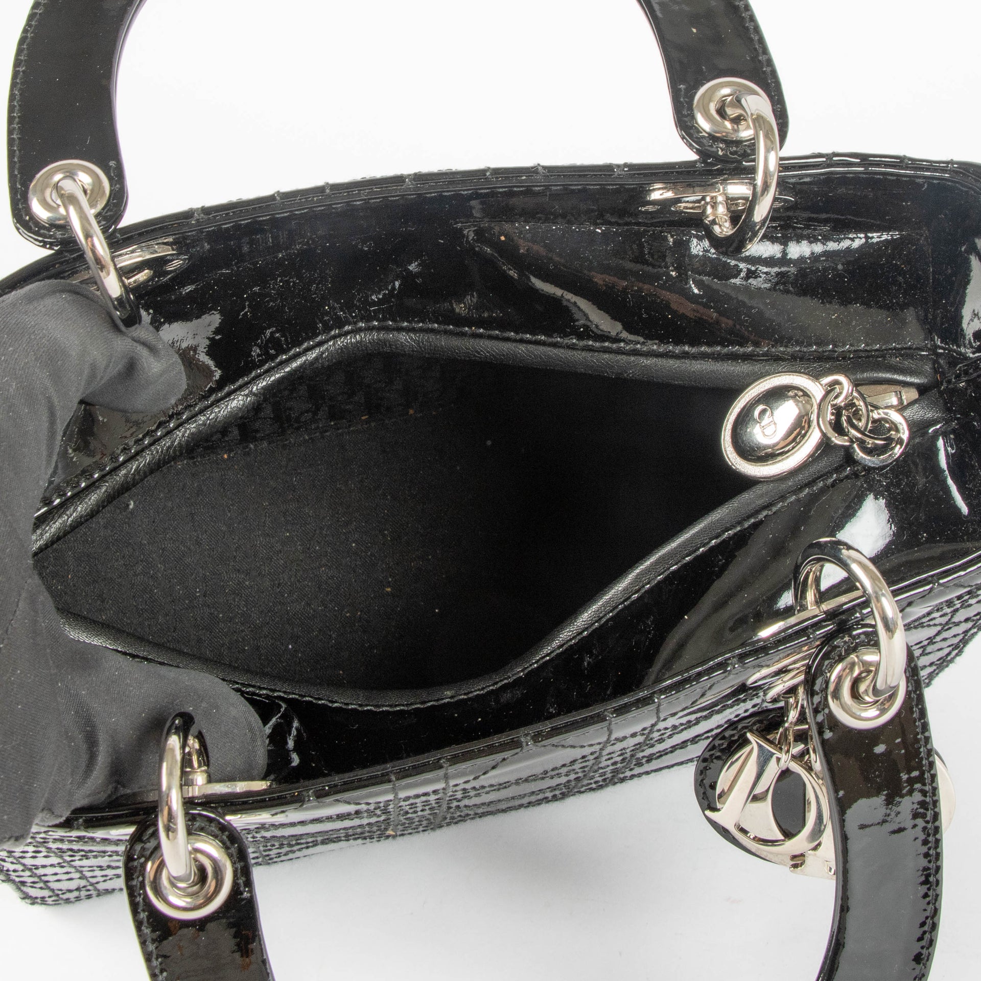 Christian Dior Black Patent Leather Flat Cannage Medium Lady Dior Bag