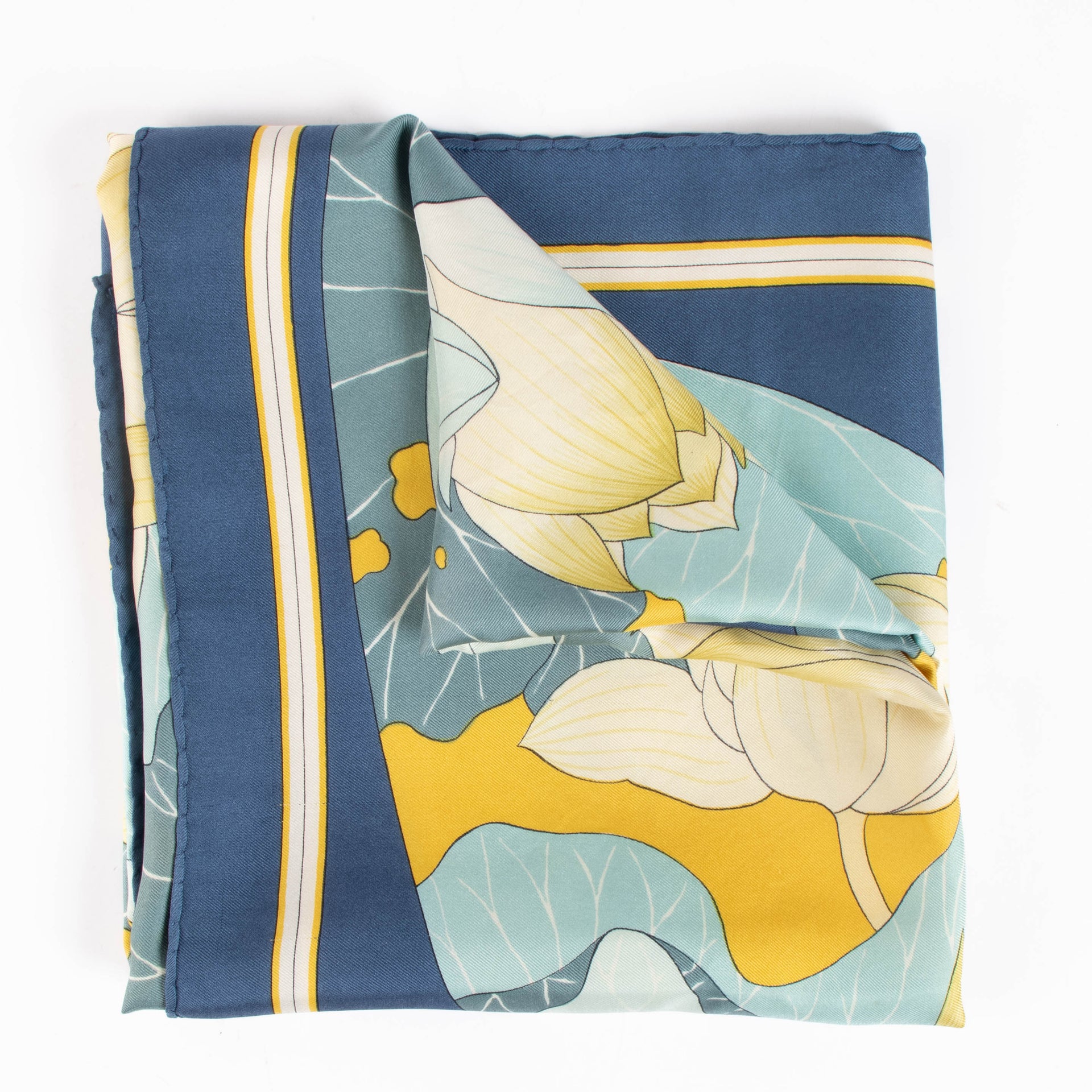 Shop the authentic Hermès Blue Fleurs de Lotus Scarf second hand on Labellov.com