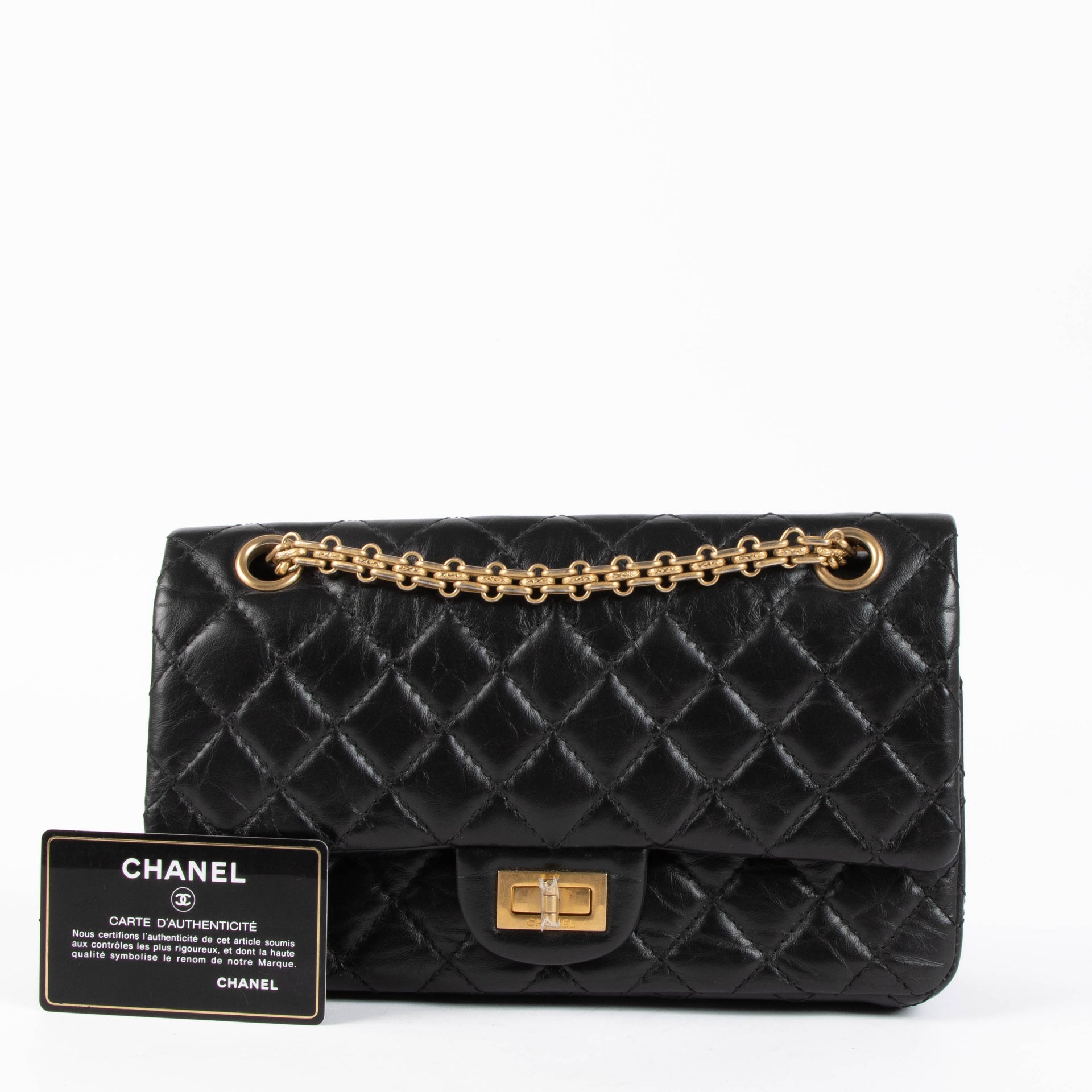 Shop this authentic Chanel Black Aged Calfskin Medium 2.55 Reissue Bag pre-loved on Labellov.com 