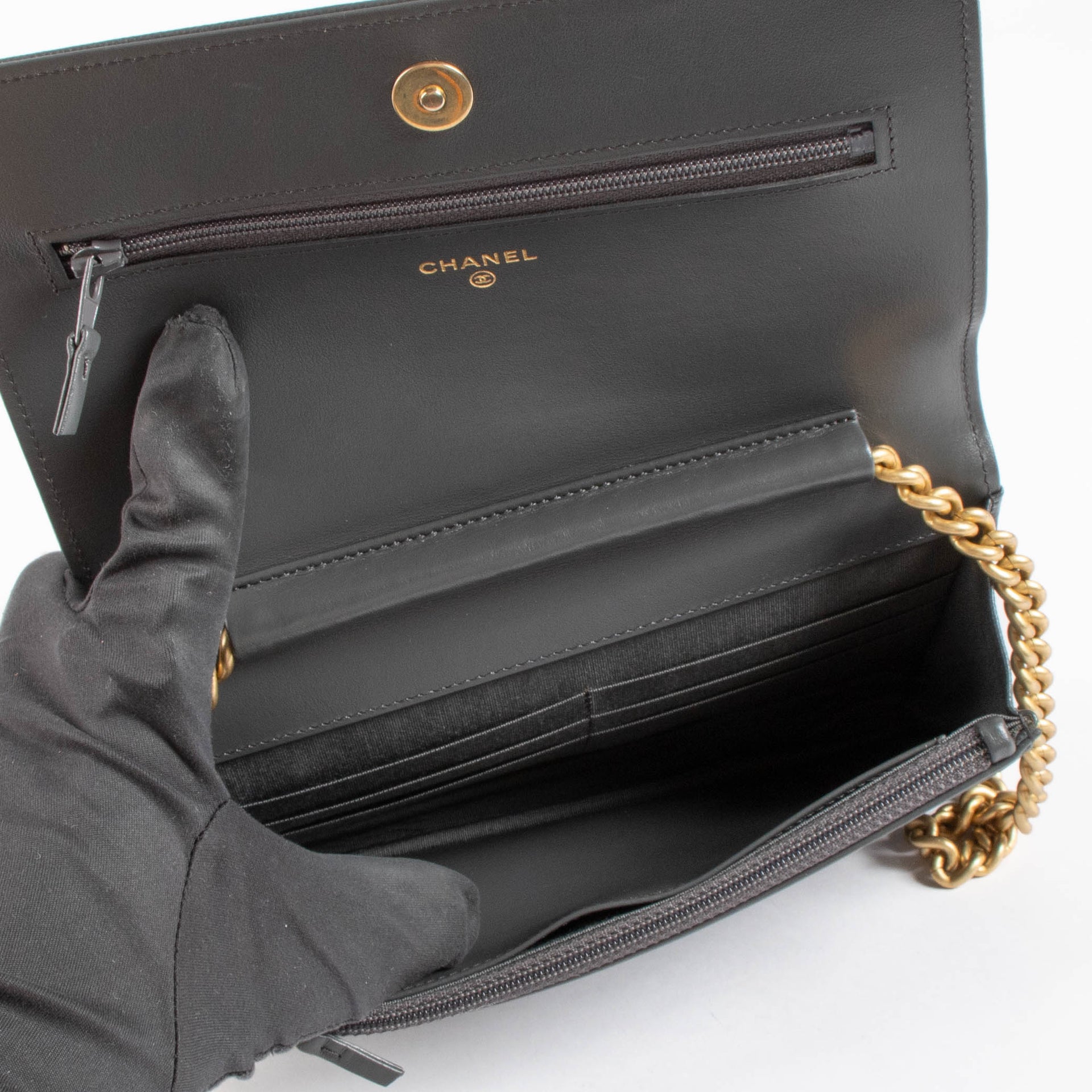 Chanel Grey Chevron Caviar Boy Chanel Wallet On Chain