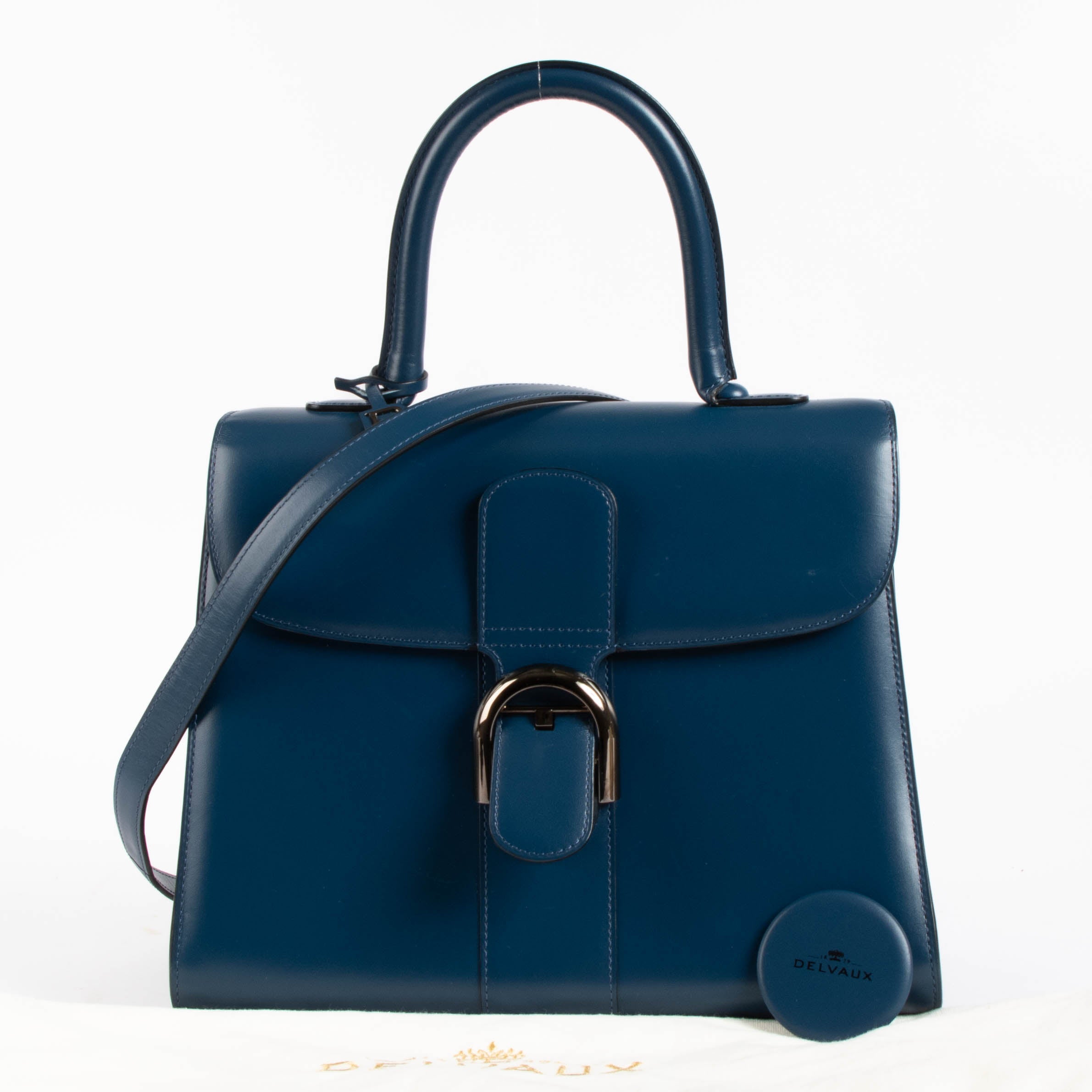 【美品】DELVAUX ケース ラウンド レザー メタリックブルー ポーチ Delvaux Bleu de Prusse Box Calf Brillant MM Bag – Labellov