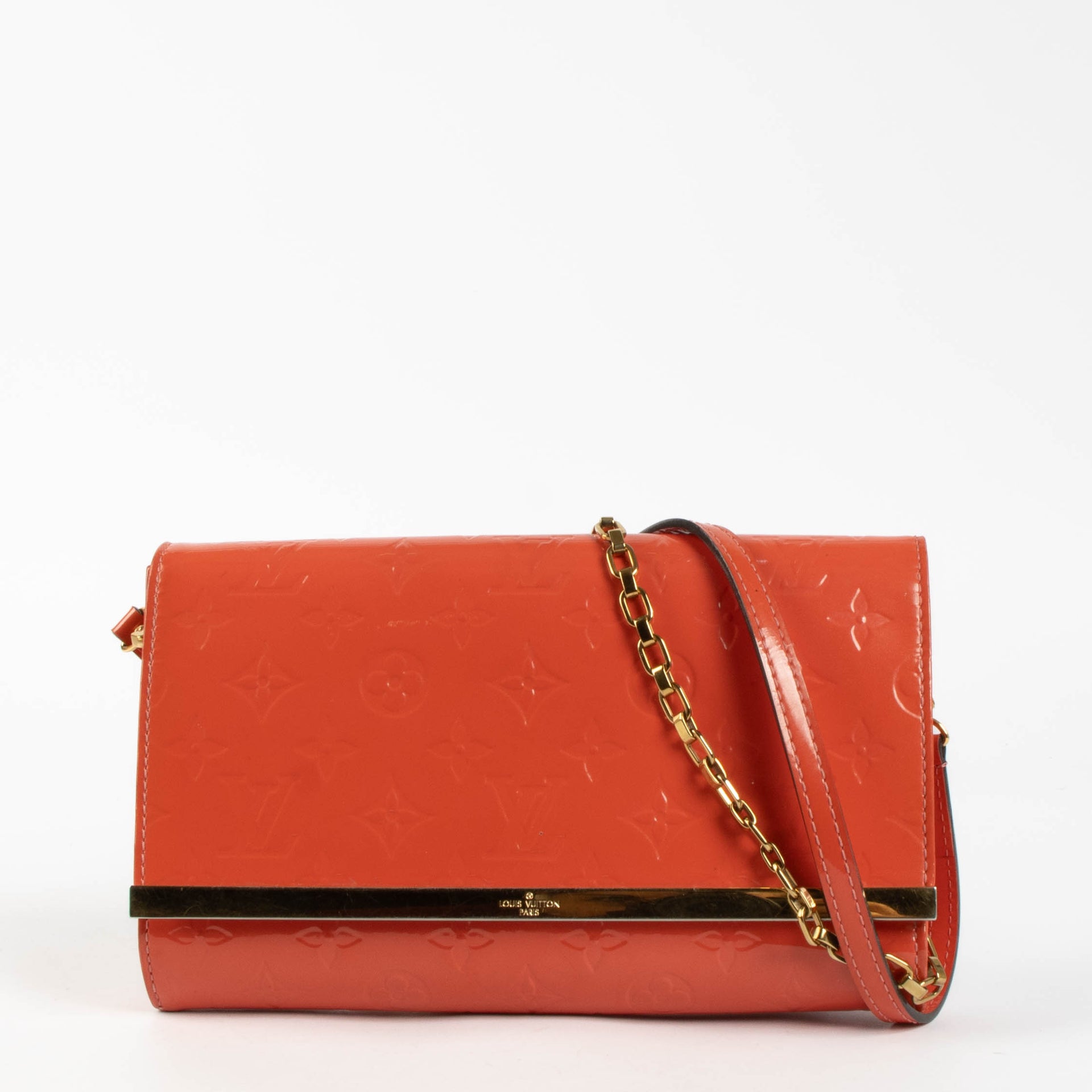 Shop this Louis Vuitton Orange Sunset Monogram Vernis Ana Clutch pre-loved on Labellov.com