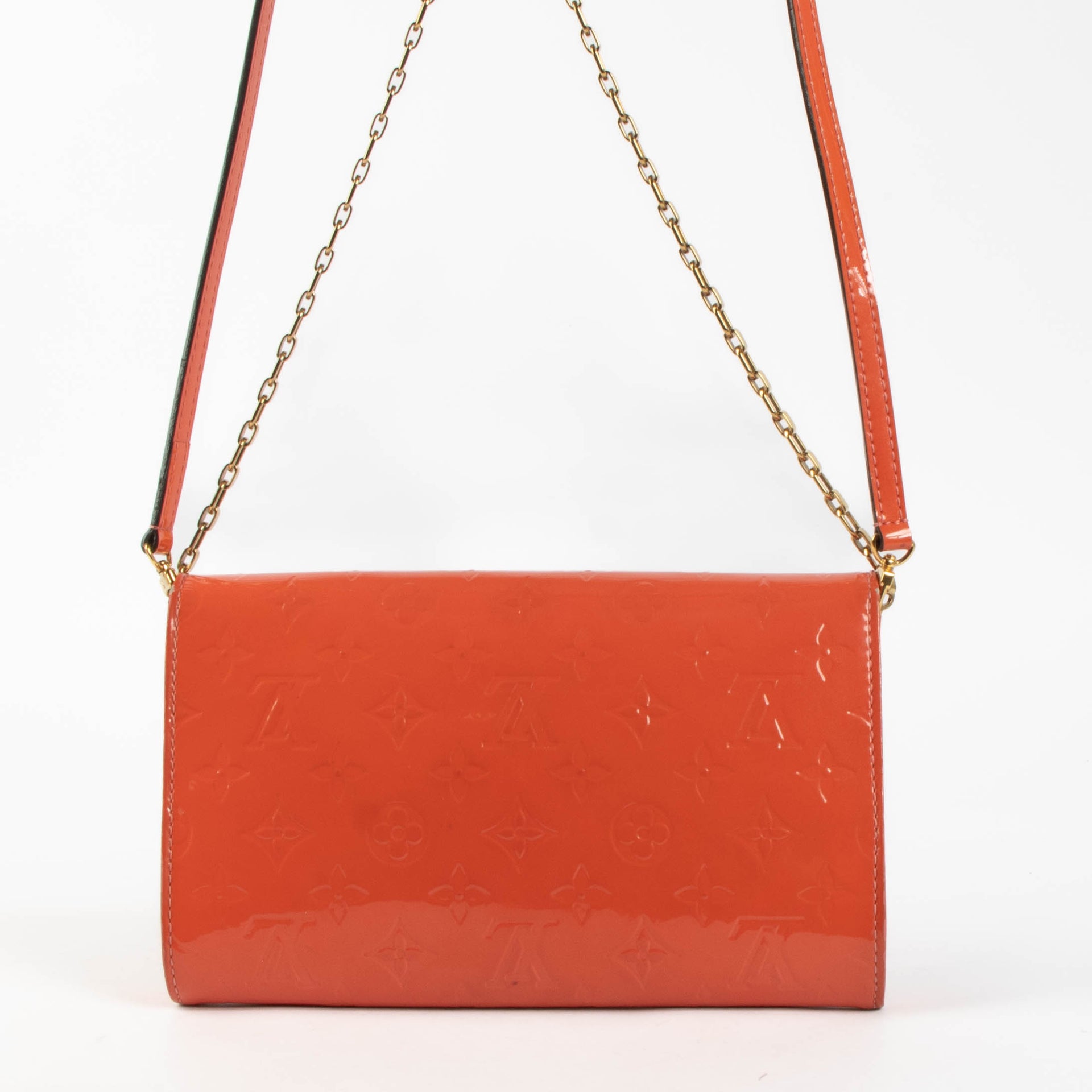 Shop this Louis Vuitton Orange Sunset Monogram Vernis Ana Clutch pre-loved on Labellov.com