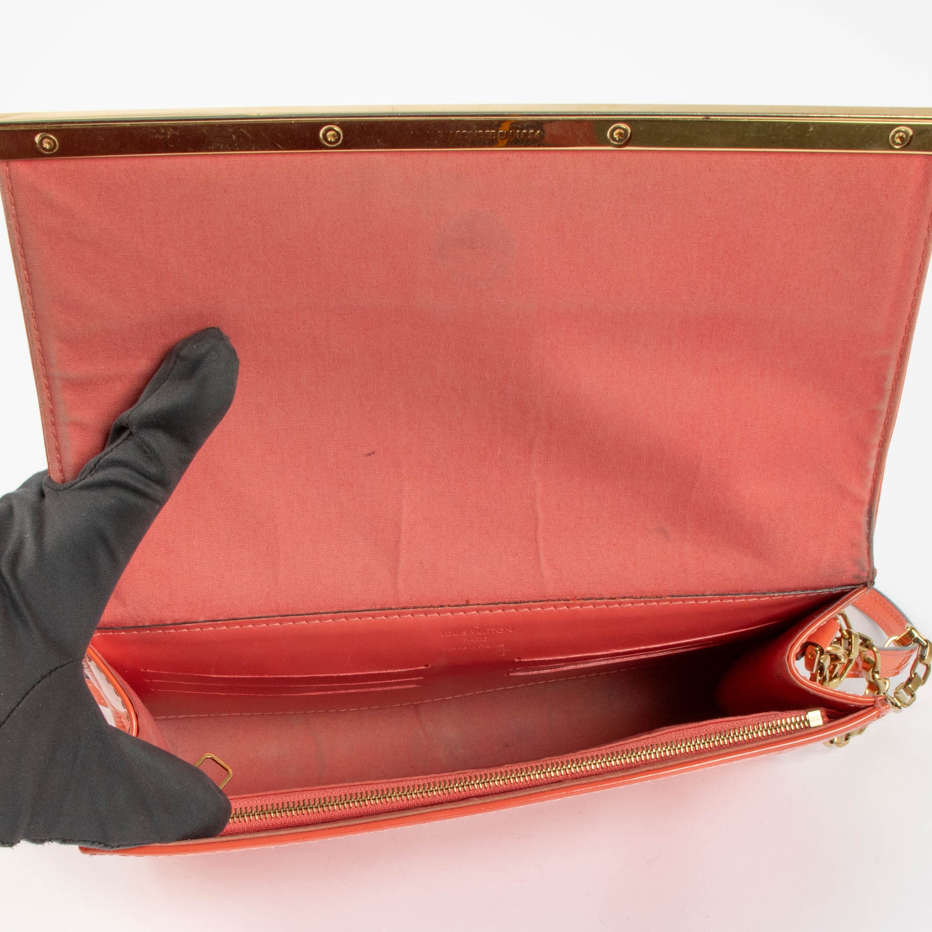 Shop this Louis Vuitton Orange Sunset Monogram Vernis Ana Clutch pre-loved on Labellov.com
