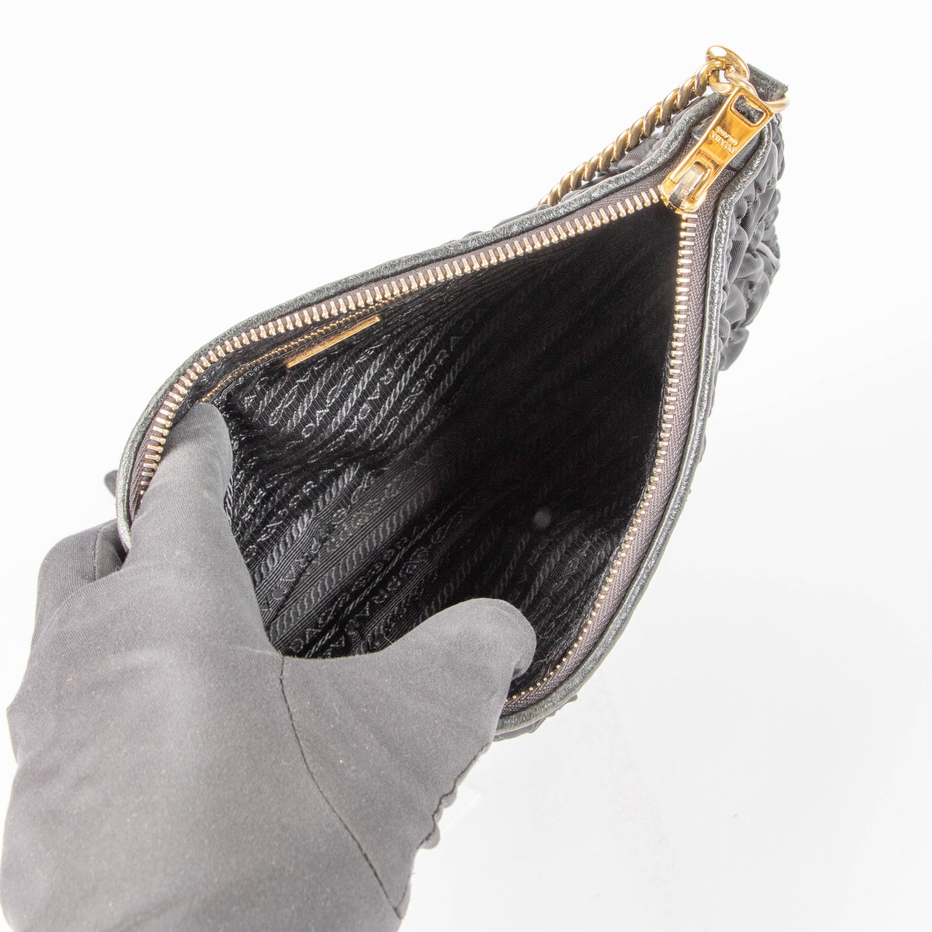 Shop this authentic Prada Black Gathered Nylon Chain Bag pre-loved on Labellov.com