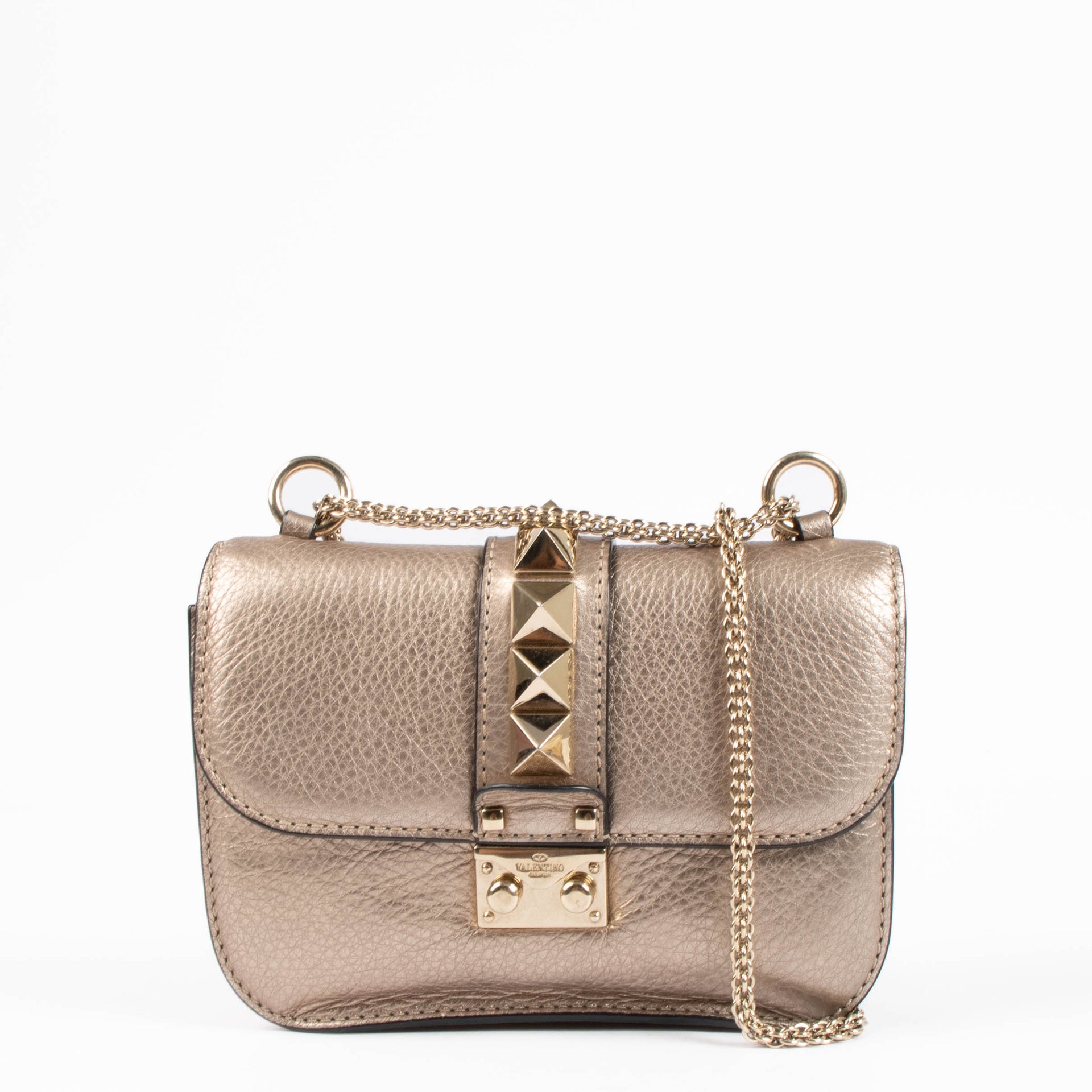 Shop this authentic Valentino Garavani Gold Small Glam Lock Bag pre-loved on Labellov.com