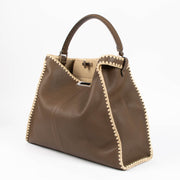 Shop the authentic Fendi Brown Raffia Trim Large Peekaboo X-Lite Bag second hand on Labellov.com