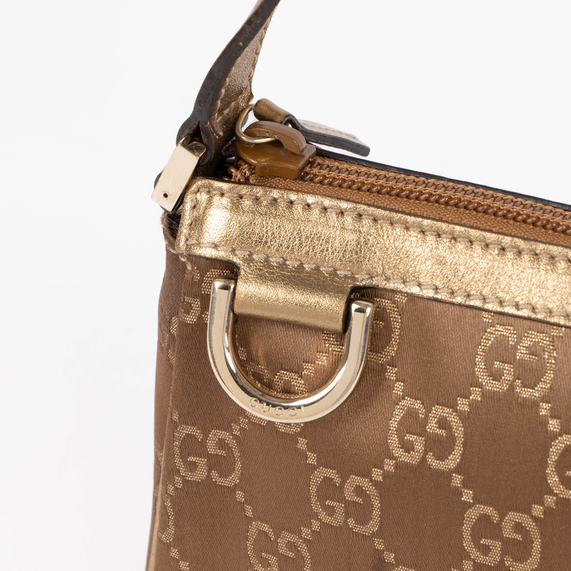 Gucci Bronze GG Satin Abbey D Ring Clutch