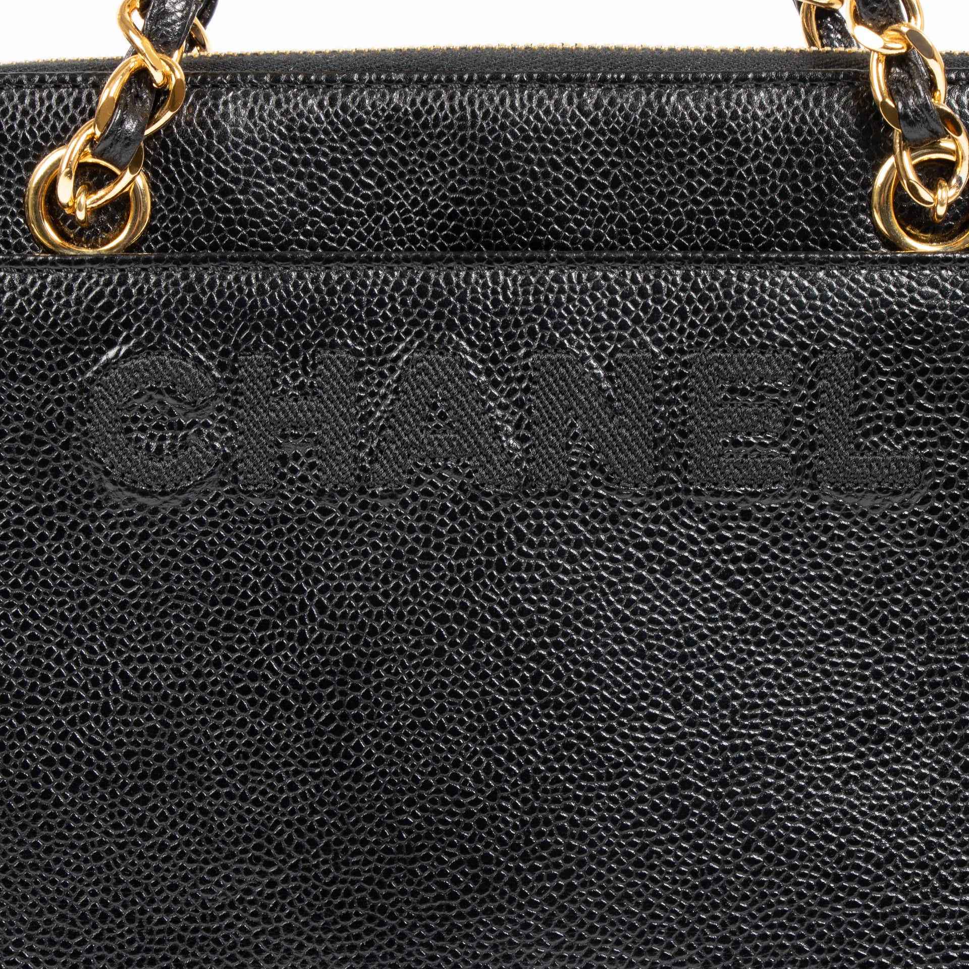 Shop the authentic Chanel Black Caviar Vintage Logo Tote Bag 