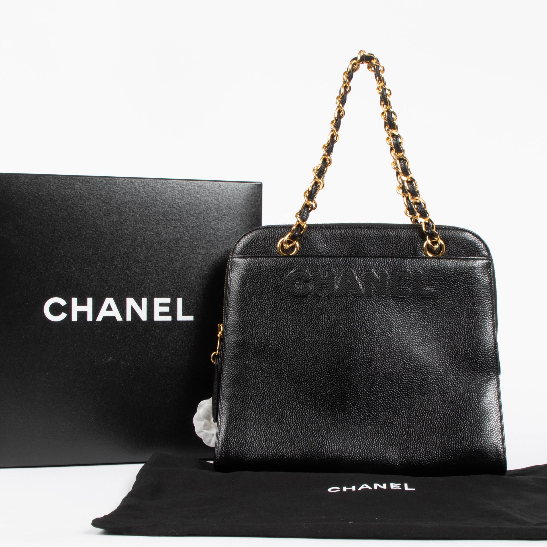 Shop the authentic Chanel Black Caviar Vintage Logo Tote Bag 