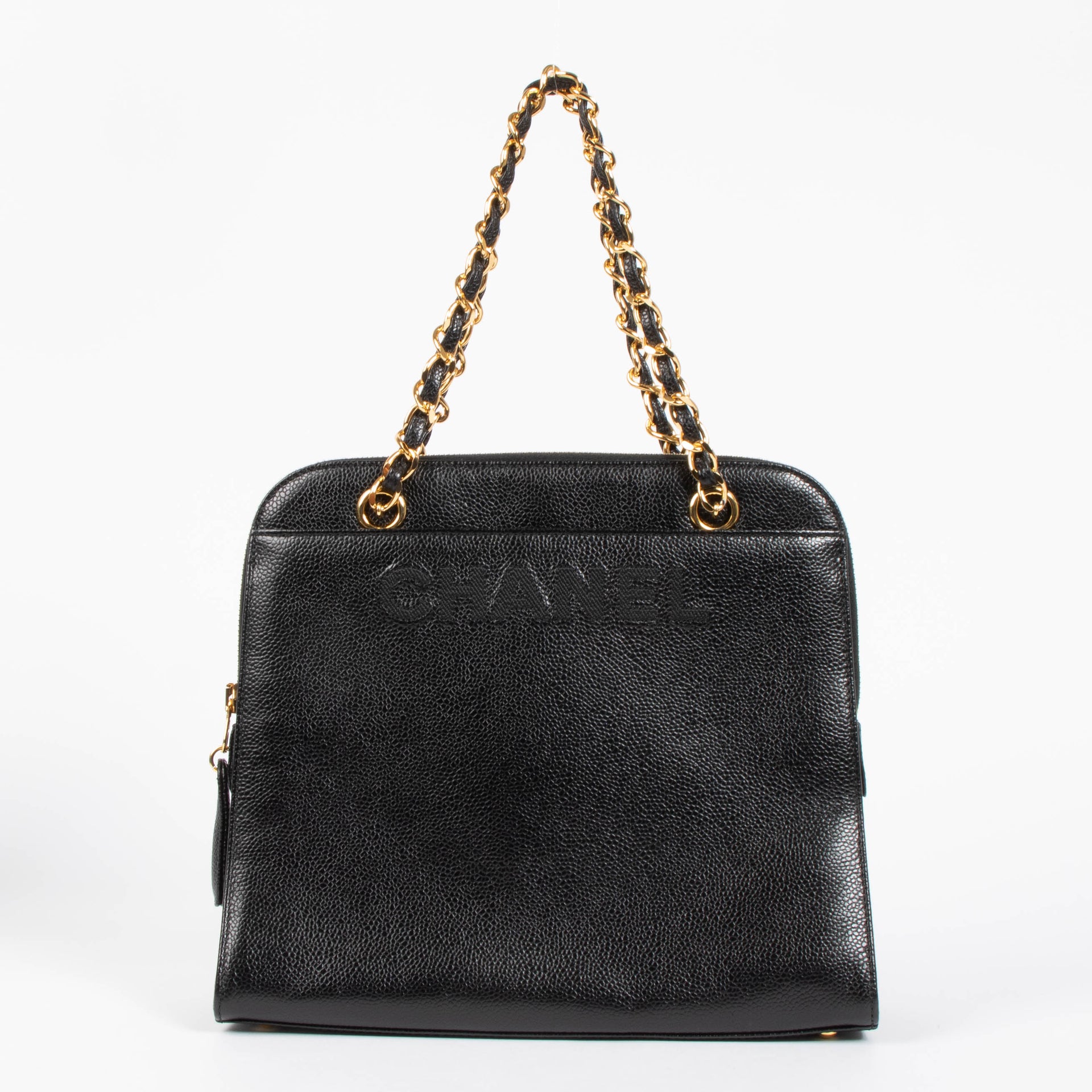 Shop the authentic Chanel Black Caviar Vintage Logo Tote Bag 