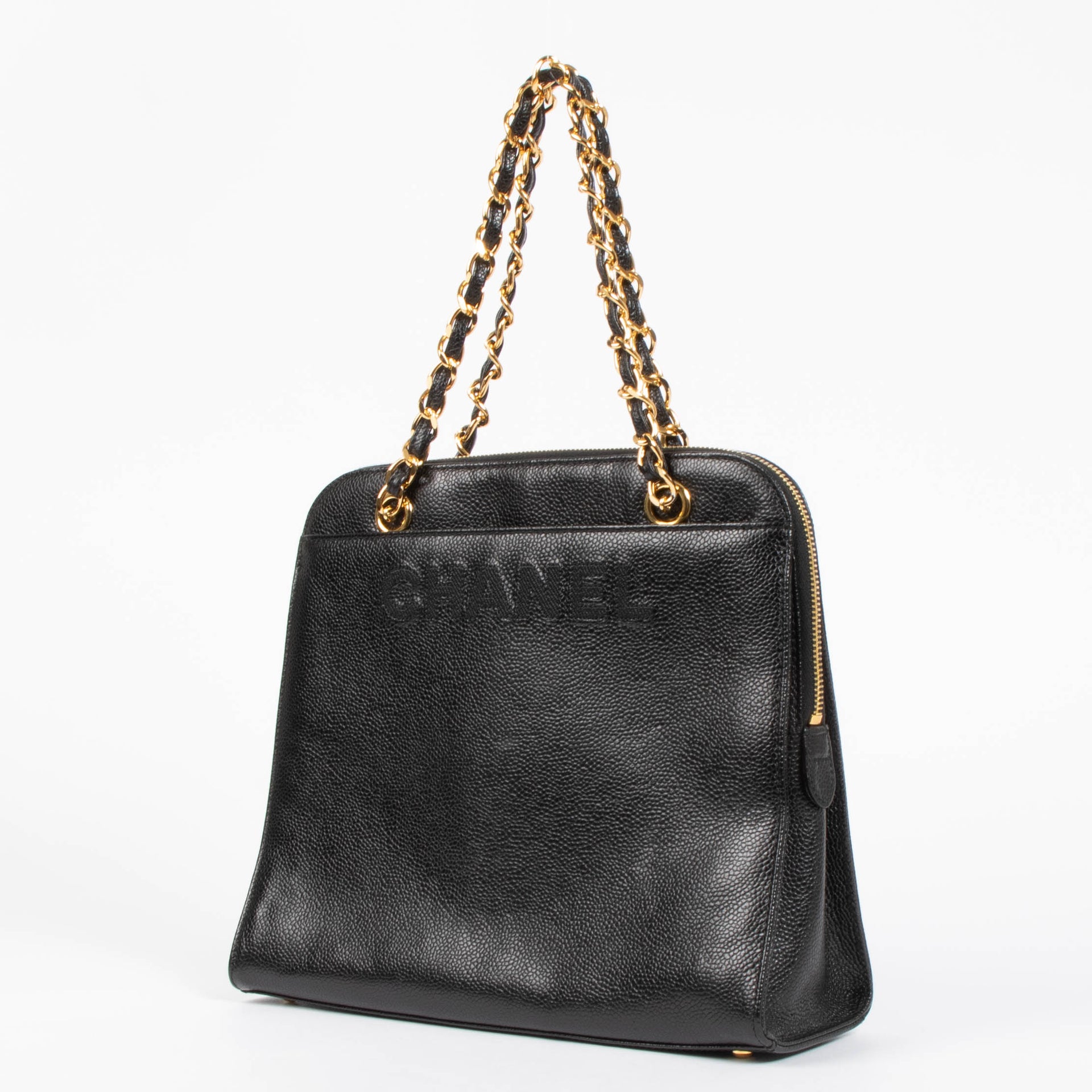 Shop the authentic Chanel Black Caviar Vintage Logo Tote Bag 
