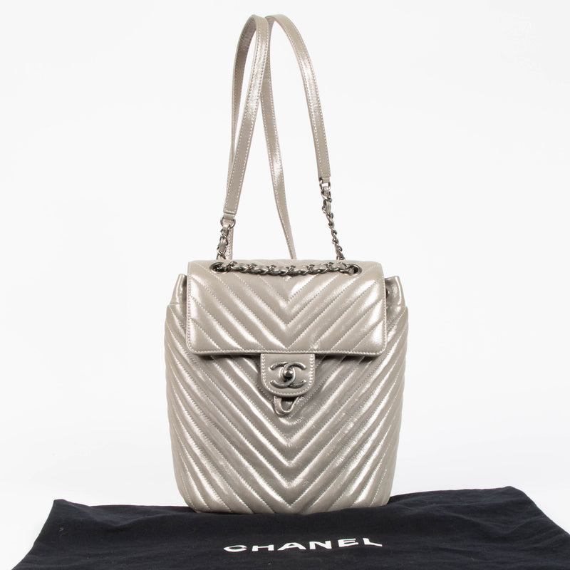 Chanel Metallic Silver Calfskin Chevron Urban Spirit Backpack